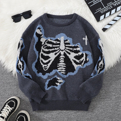 New Trendy Autumn and Winter Skeleton Pattern Pullover Sweater, Casual Round-Neck Color-Blocking Knit Men's Pullover