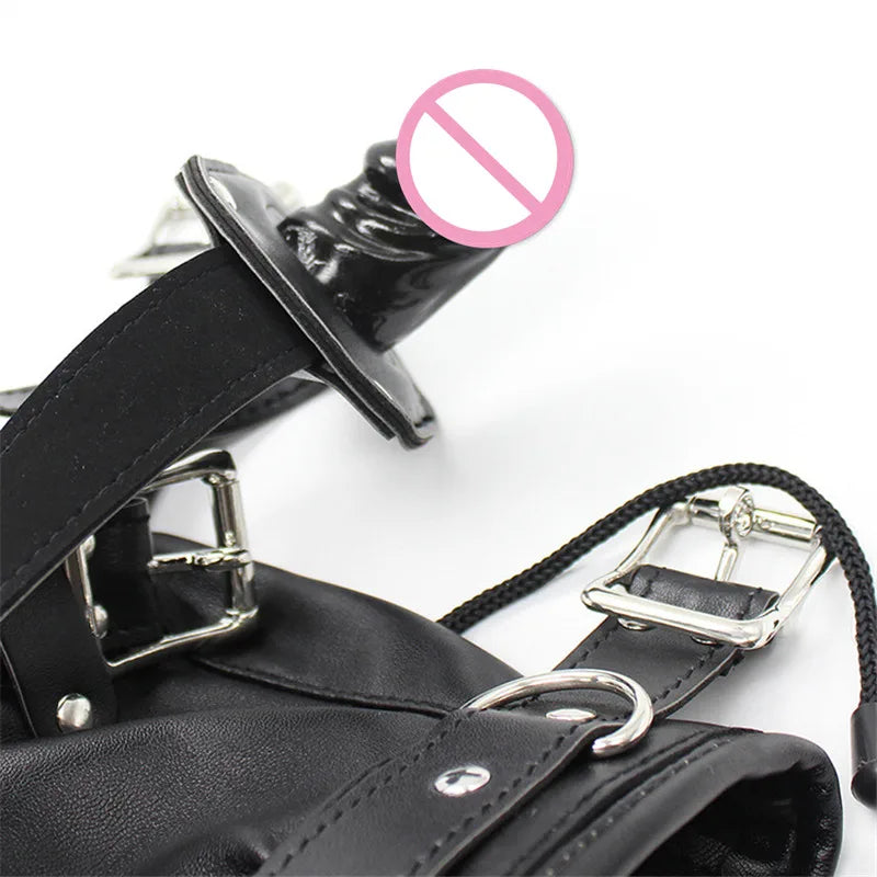 PU Leather Hood Headgear with Dildo Mouth Gag Ball Bdsm Toys Bondage Gear Hood Toys Adult Games Sex Products Sex Toys for Women