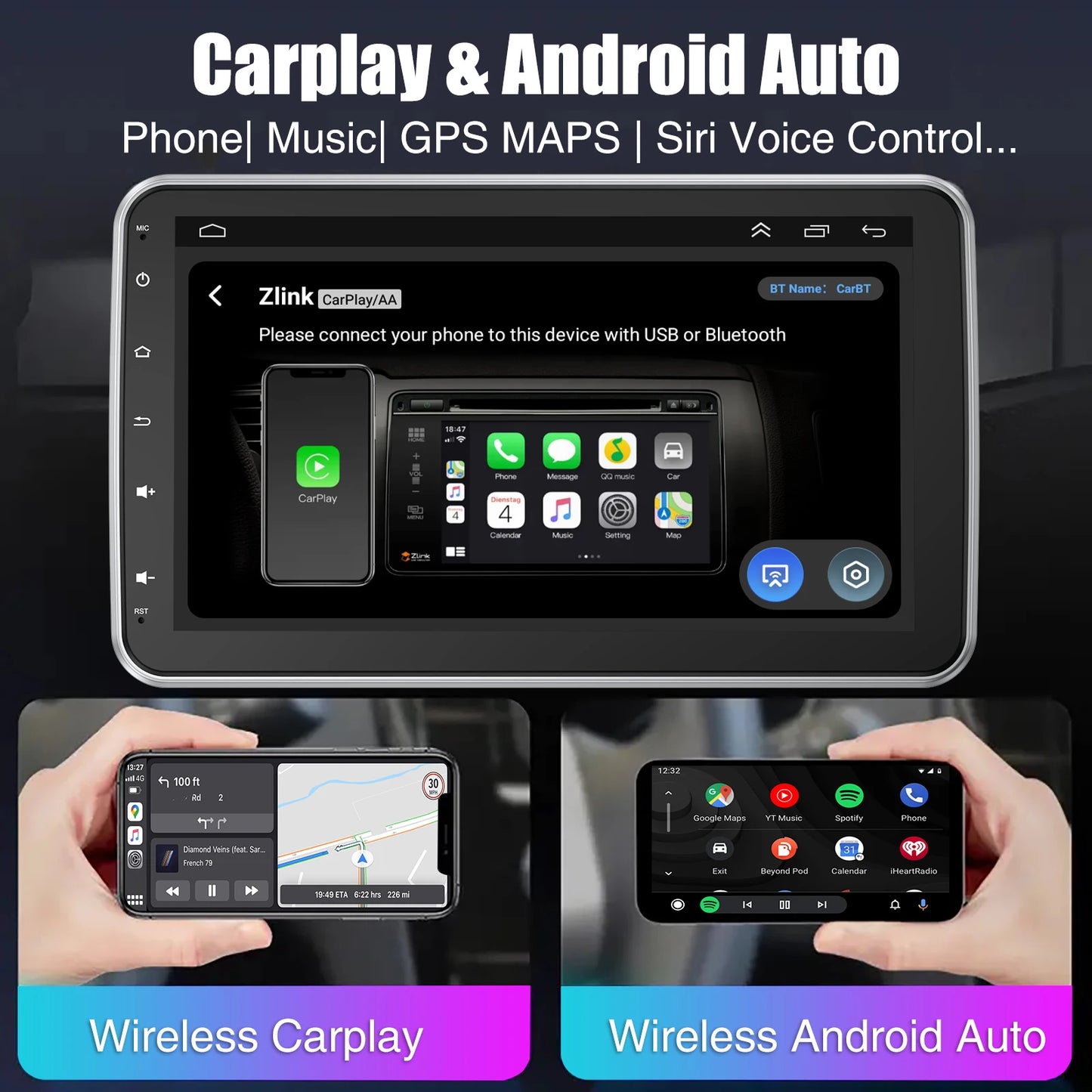 10.1'' 4+64GB 360° Rotatable Single 1DIN Car Stereo Android 14 Carplay WIFI Head Unit FM Radio Bluetooth SWC GPS Navi+DVR&Camera