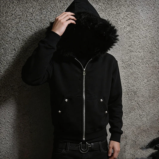 Winter European American Plush Collar Square Rivet Cardigan Zipper Long Sleeves Hoodie Trend Street Men's Women's Clothing Top