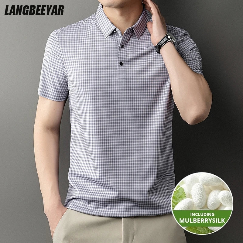 2025 Top Grade Mulberry Silk Anti-wrinkle New Summer Brand Polo Shirt Short Sleeve Casual Tops Fashions Checkered Mens Clothes