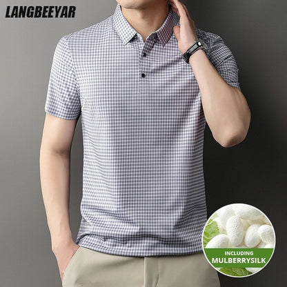 2025 Top Grade Mulberry Silk Anti-wrinkle New Summer Brand Polo Shirt Short Sleeve Casual Tops Fashions Checkered Mens Clothes