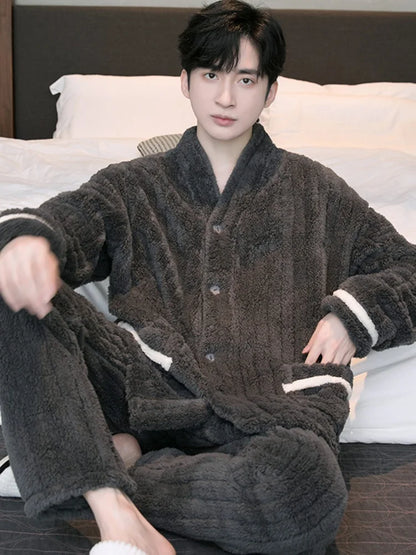 Thick Coral Fleece Sleepwear Men's Autumn Winter Casual Large Size Outdoor Wearable Flannel Home Clothes Set V-Neck Long Sleeve