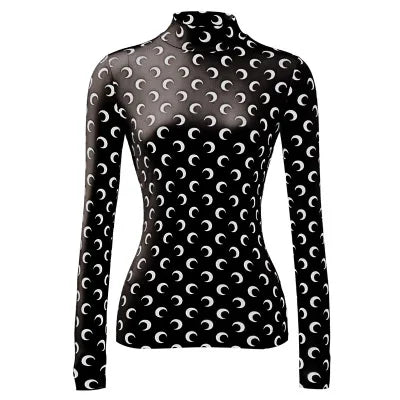 Moon Print Base Layer Shirt Long Sleeve Half High Collar Elastic T-Shirt Layering Trendy Top Inner Wear Autumn Winter for Women