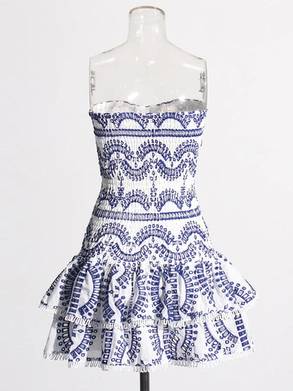TWOTWINSTYLE Patchwork Folds Casual Dresses For Women Strapless Sleeveless High Waist Hollow Out Elegant Slimming Dress Female