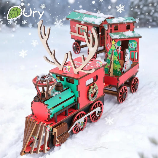 Ury 3D Wooden Puzzle Colorful Christmas Elk Steam Train Assembly Toy Gift for Adult Model Decoration Building Block Kit