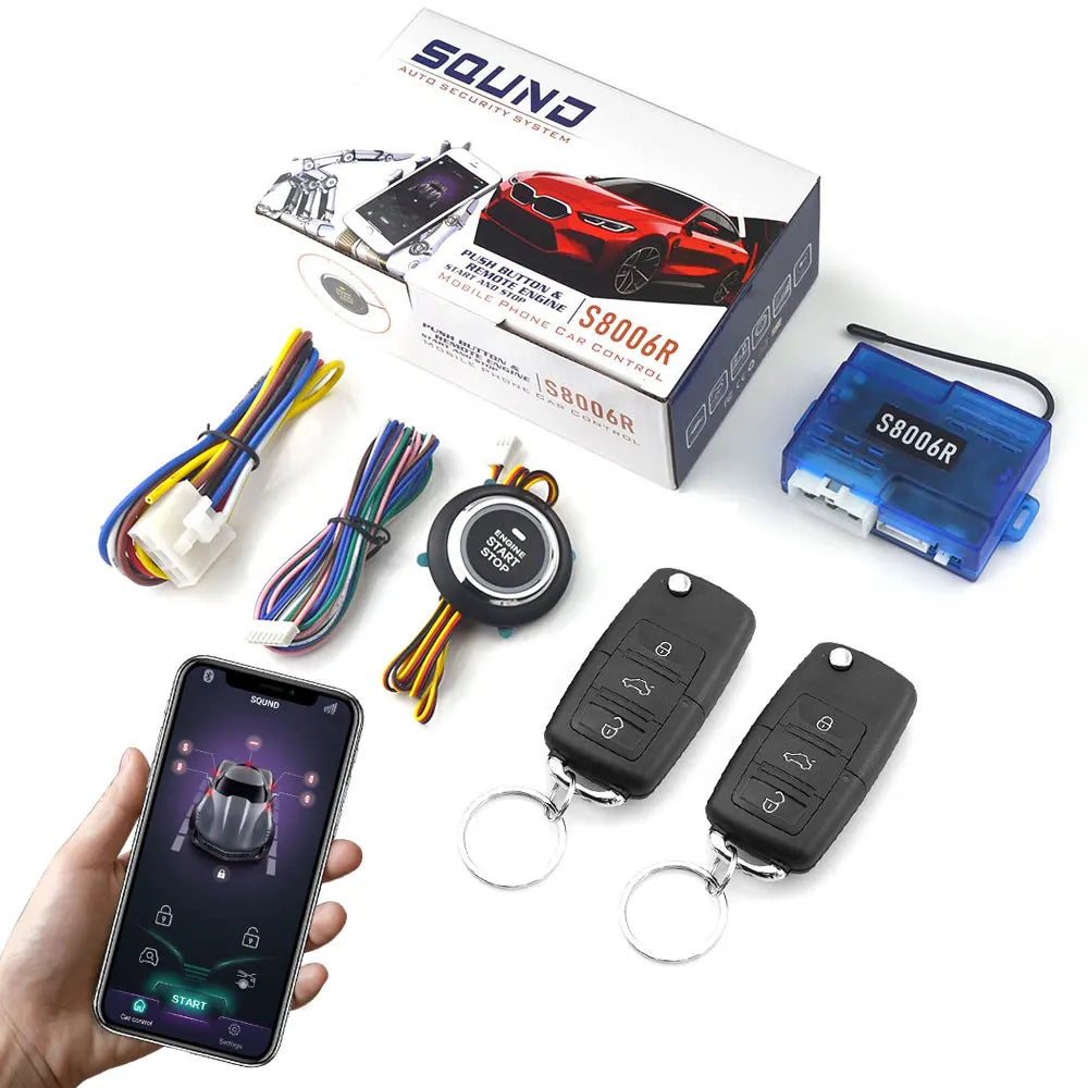 12V Universal Car Alarm System with Keyless Entry Mobile App Controlled Keyless Entry Start Stop Button Two Remote Controls