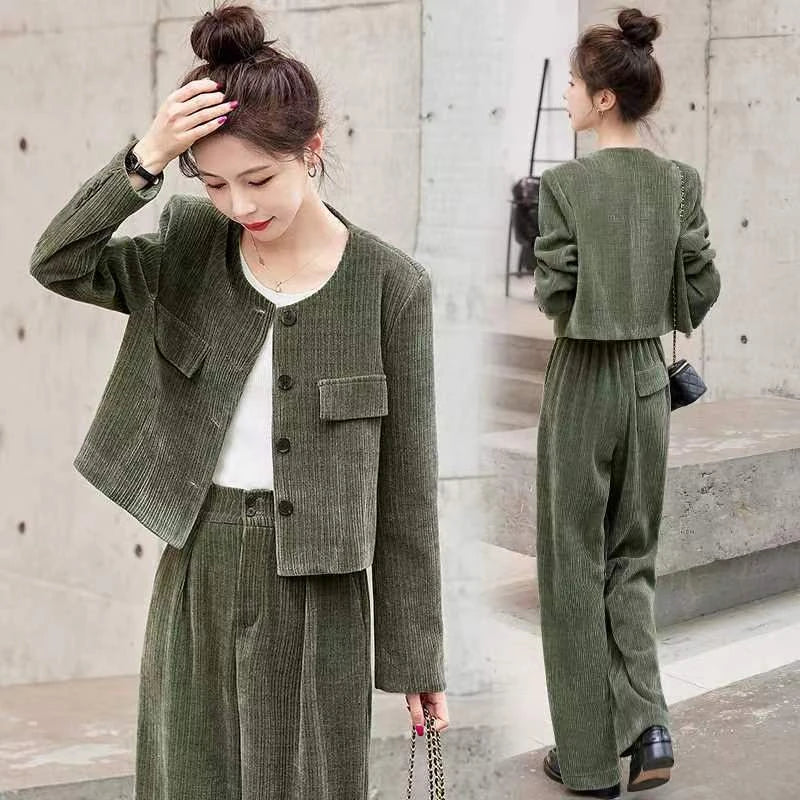 Fashionable Corduroy Set Women's Autumn Winter New Style Elegant Lady Fragrance Wind Coat Wide Leg Pants Two Piece Suit