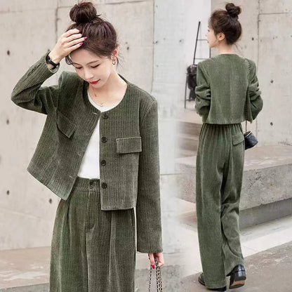 Fashionable Corduroy Set Women's Autumn Winter New Style Elegant Lady Fragrance Wind Coat Wide Leg Pants Two Piece Suit