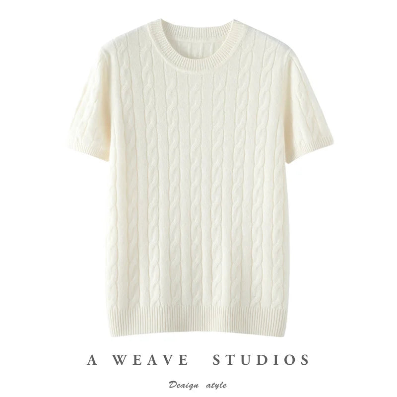 100% Pure Cashmere Fried Dough Twists Round Neck Solid Short Sleeve Women's High Quality Luxury Pullover Sweater Spring Autumn