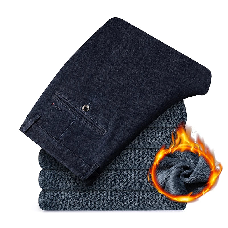 Fleece Jeans Men's Winter Thick Business Velvet Trousers Soft Fashion Brand Classic Straight Loose Warm Plush Denim Pants