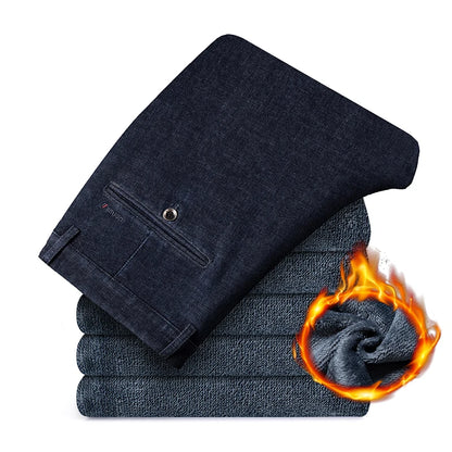 Fleece Jeans Men's Winter Thick Business Velvet Trousers Soft Fashion Brand Classic Straight Loose Warm Plush Denim Pants