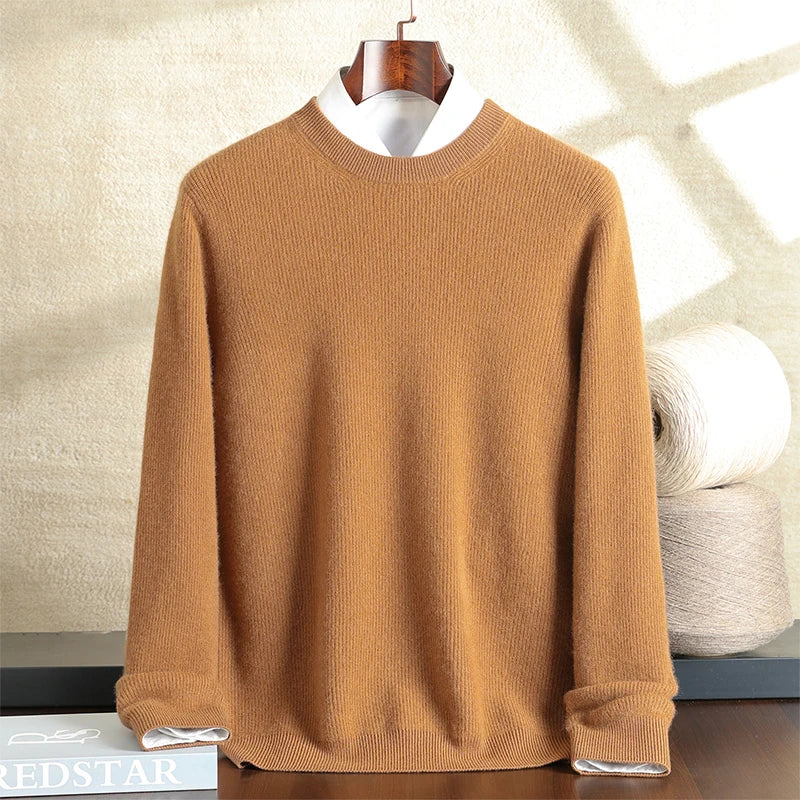 Autumn and winter new 100% pure cashmere loose casual padded men's round neck sweater plus size knitted bottoming shirt.