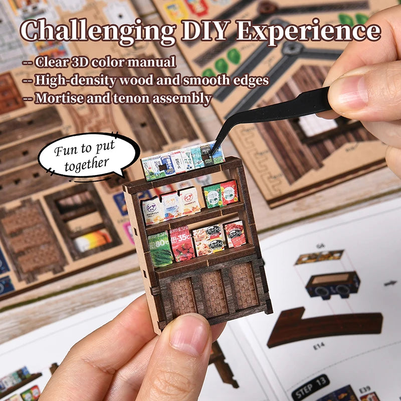 Zuuton DIY Japanese Grocery Store Miniature Dollhouse Kit 3D Wooden Puzzle Book Nook with LED Light Handmade Building Model Gift