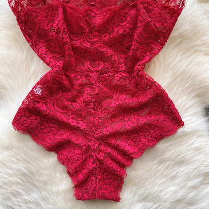 Sexy Lace Strap Jumpsuit Slim Fit Transparent Women's Pajamas Halter Playsuit Erotic Lingerie Catsuit Backless Hollowed Bodysuit
