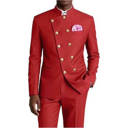 Men's Chinese Style Suit 2 Piece Brown Mandarin Collar Double Breasted With Gold Buttons Formal Jacket Pants For Business Weddin