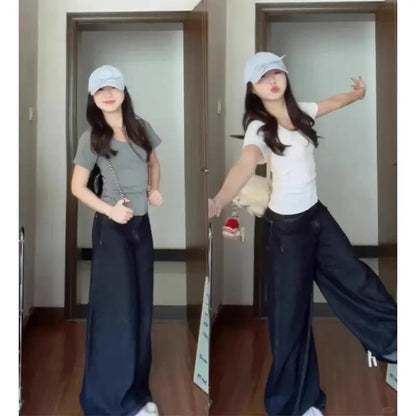 American Retro Shoulder U-neck  Color Short Sleeve T-shirt Women Summer Slimming Waist Pure Desire Short Hot Girl Top