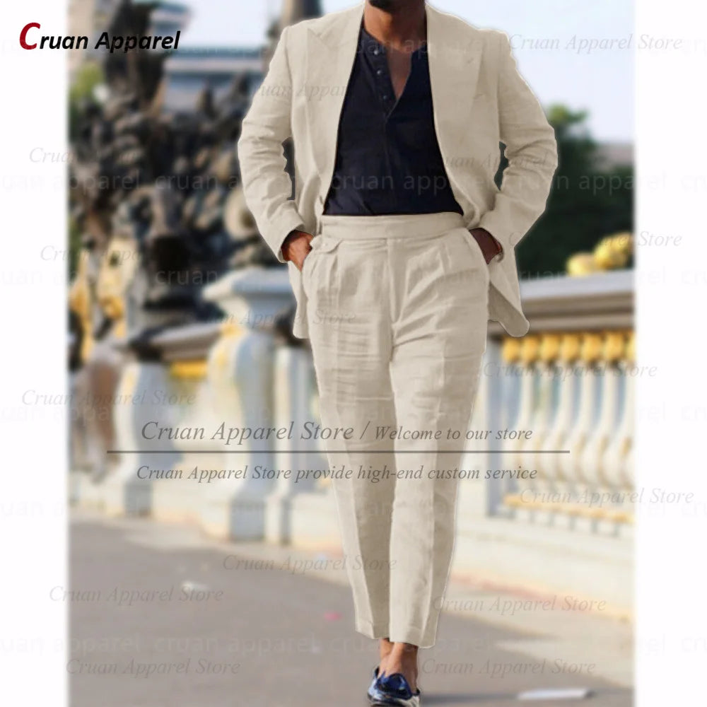 Classic Summer Linen Suit Sets For Men Smart Casual Blazer And Pants 2 Pieces Formal Evening  Fashion Slim Fit Suit Attire