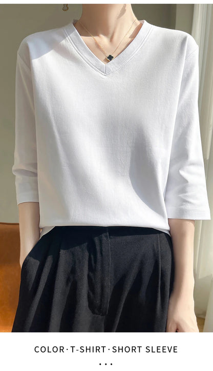 Spring And Summer New White Mercerized Cotton Cropped Sleeve T-shirt Feminine Joker 100% Cotton Bottoming Shirt Half Sleeve