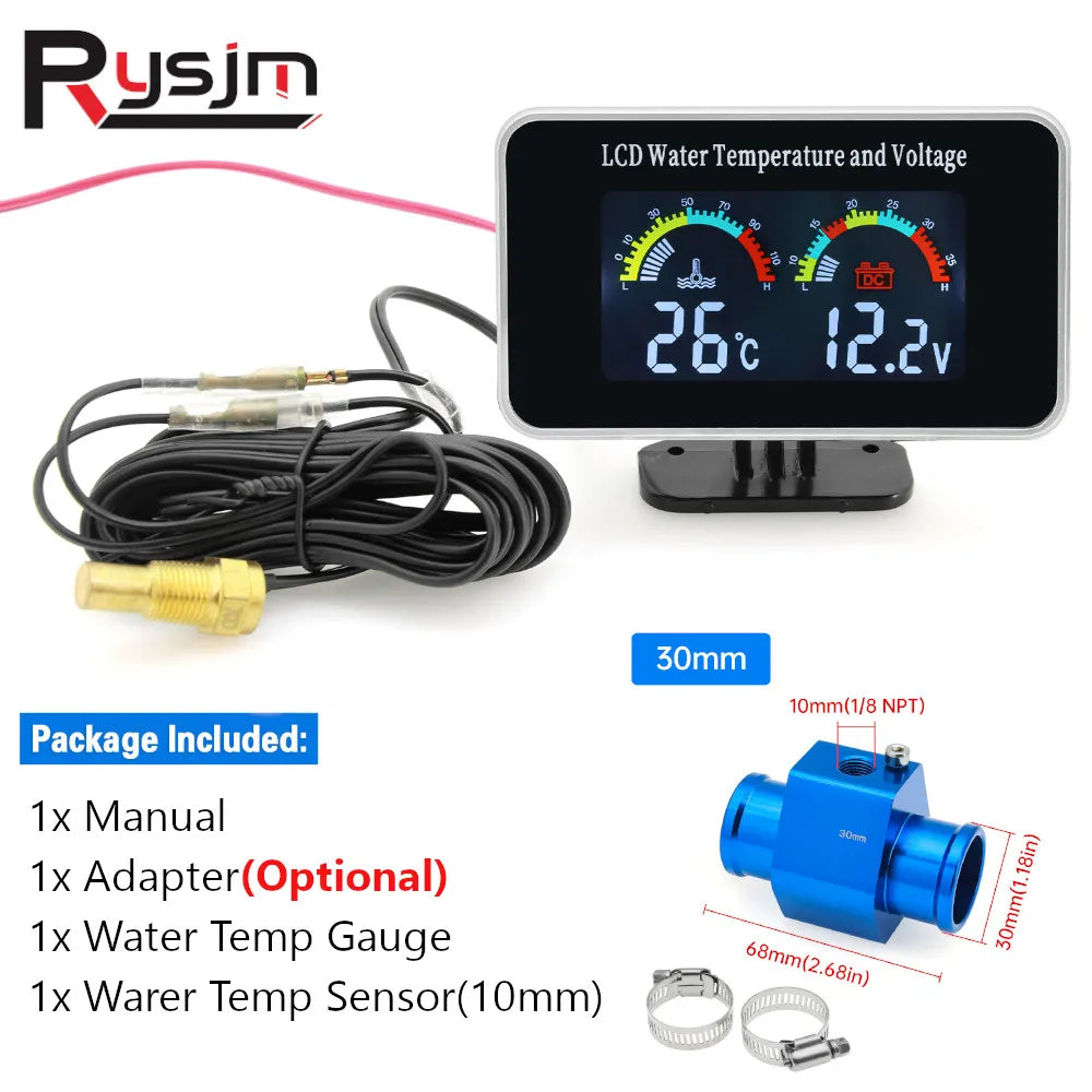 HD Car LCD Water Temperature Meter Thermometer Voltmeter Gauge 2in1 Temp&Voltage Meter 10mm Sensor 26~40mm Adapter(Option)12V/24