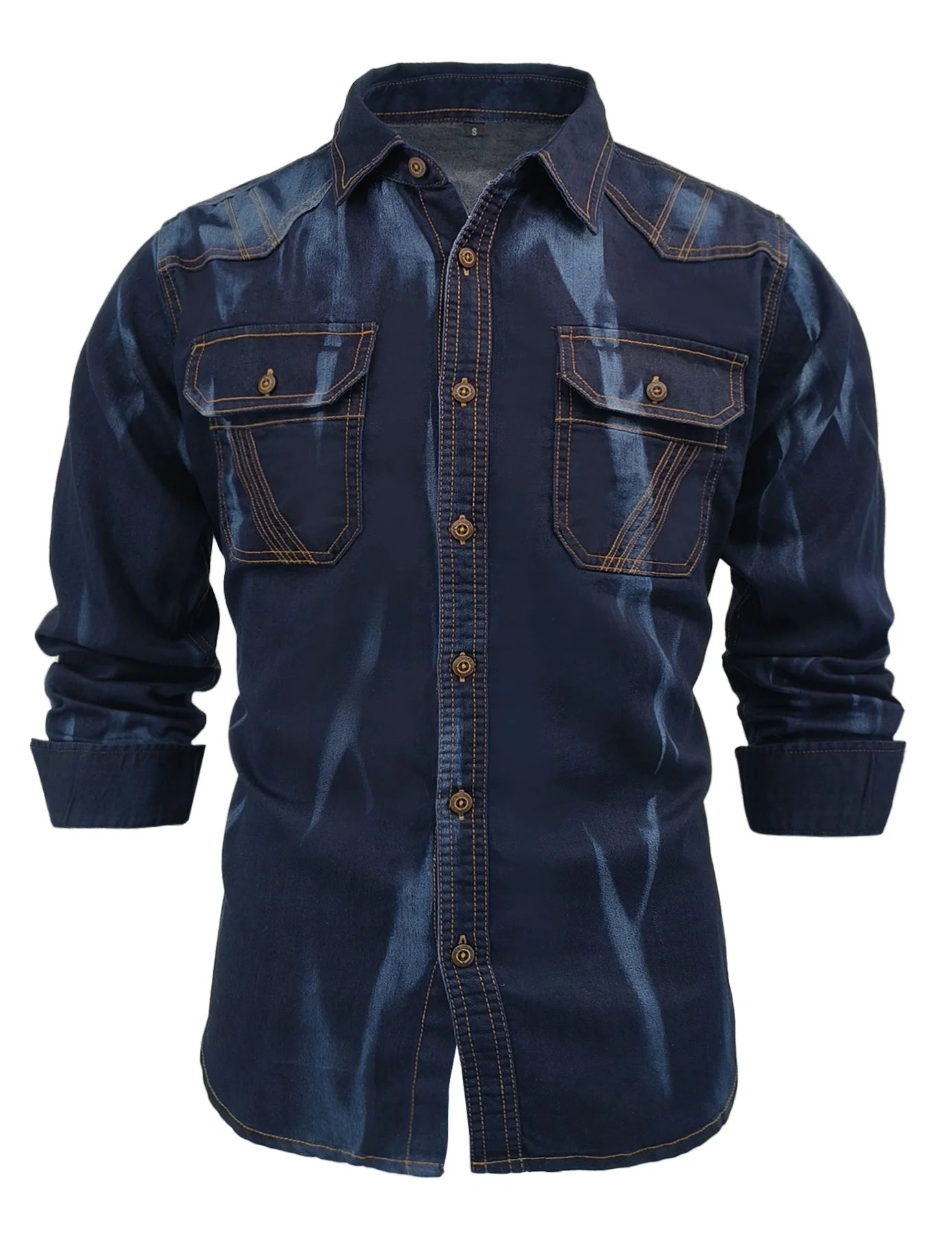 Men's Autumn Denim Shirt - Vintage Washed Tie-Dyed Cowboy Workwear Style with Double Chest Pockets, Topstitch Trim, Notched Coll