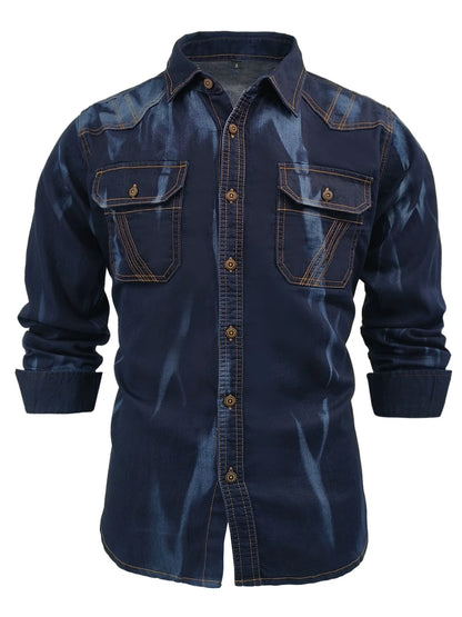 Men's Autumn Denim Shirt - Vintage Washed Tie-Dyed Cowboy Workwear Style with Double Chest Pockets, Topstitch Trim, Notched Coll
