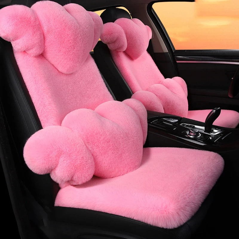 2/3/4pcs Super Soft Fluffy Rabbit Faux Fur Car Seat Cover Winter Plush Warm Thick Home Car Seat Cushion Pad Neck/Waist Pillow