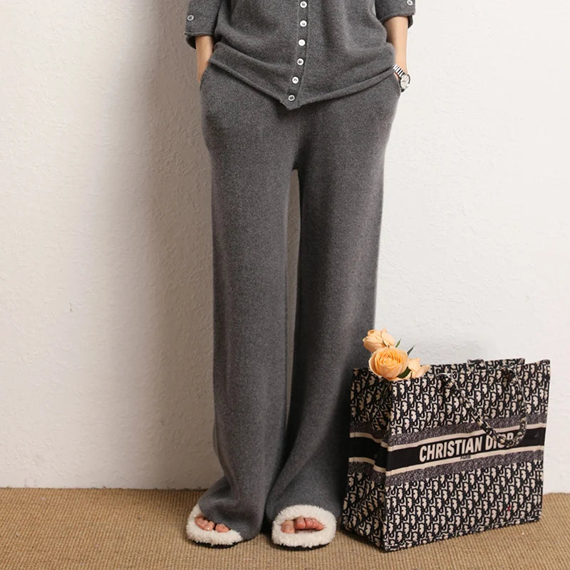 Women's 100% Cashmere Wide Leg Pants Knitted Thick Autumn/Winter Casual Solid Color Elastic Waistband Pockets