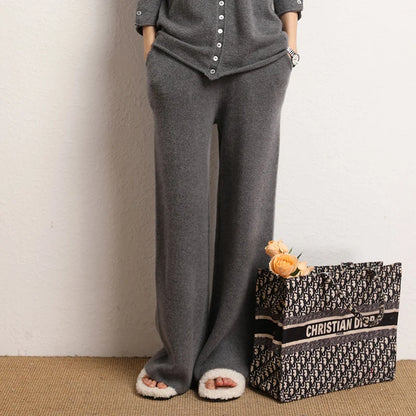 Women's 100% Cashmere Wide Leg Pants Knitted Thick Autumn/Winter Casual Solid Color Elastic Waistband Pockets