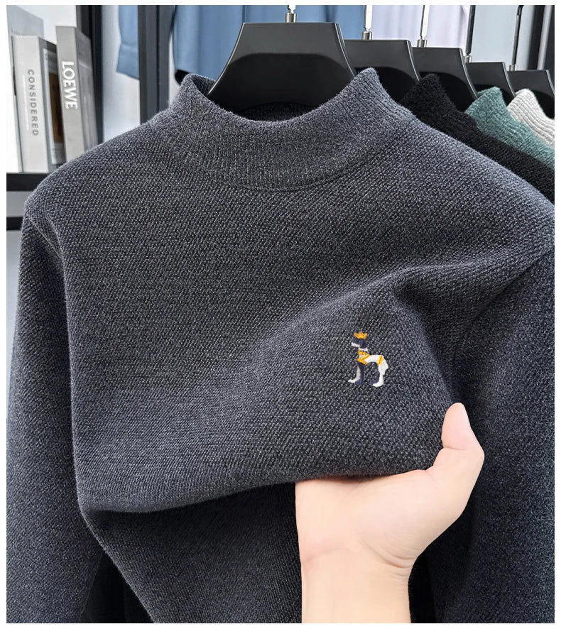 High End Embroidered Snow Carved Velvet Semi High Neck with Thick Velvet Men's Sweater Winter Semi High Neck Base Sweater