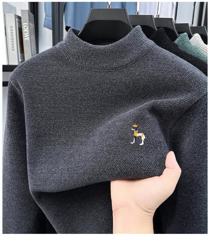 High End Embroidered Snow Carved Velvet Semi High Neck with Thick Velvet Men's Sweater Winter Semi High Neck Base Sweater