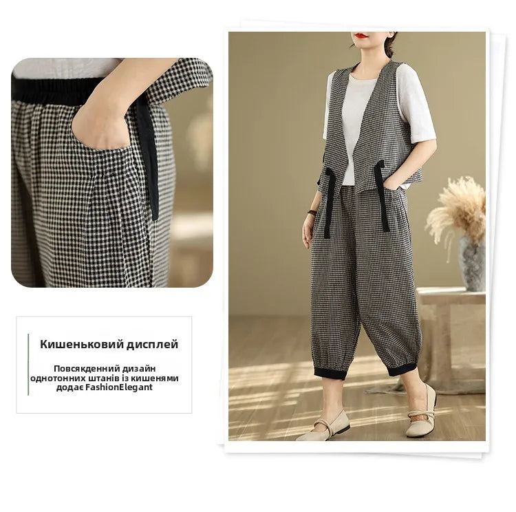 Fashionable Cotton Linen Plaid Set Casual Loose V-neck Tank Top And Lantern Pants Eighteen Loose Two-piece Set for Women