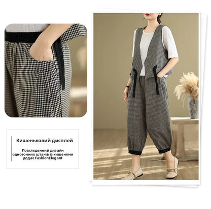 Fashionable Cotton Linen Plaid Set Casual Loose V-neck Tank Top And Lantern Pants Eighteen Loose Two-piece Set for Women
