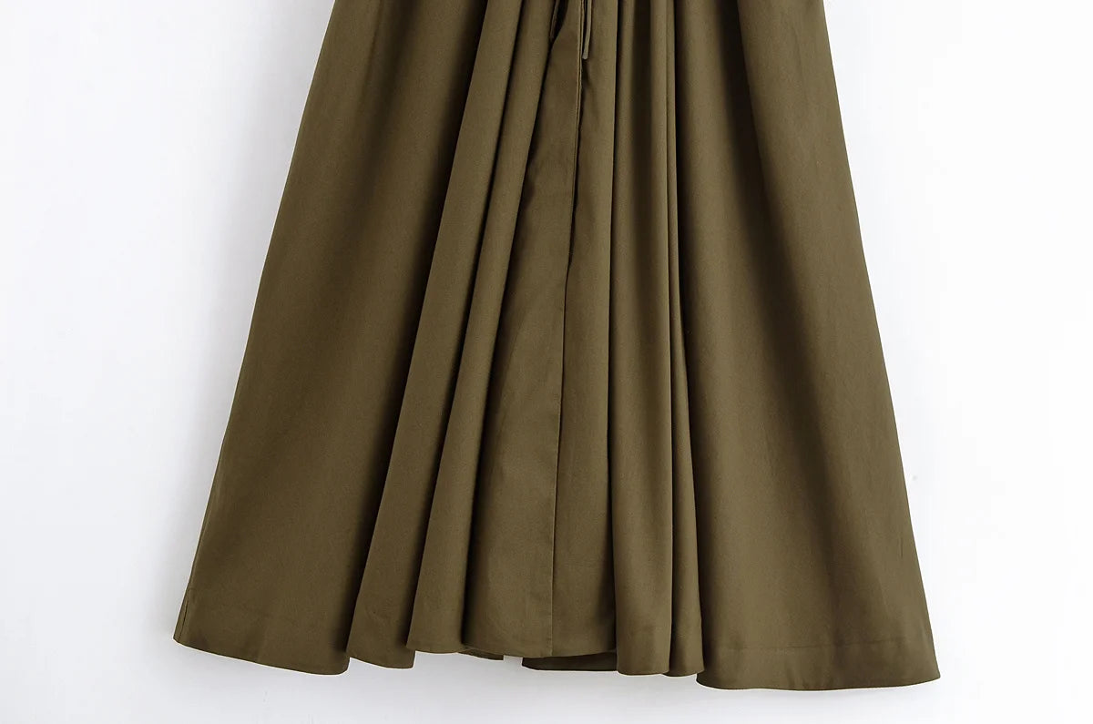 HH Women's Summer Fashion V-neck Lace-up Midi Short Sleeve Dress Female Elegant Backless Pleated Sexy Waist Long Dress