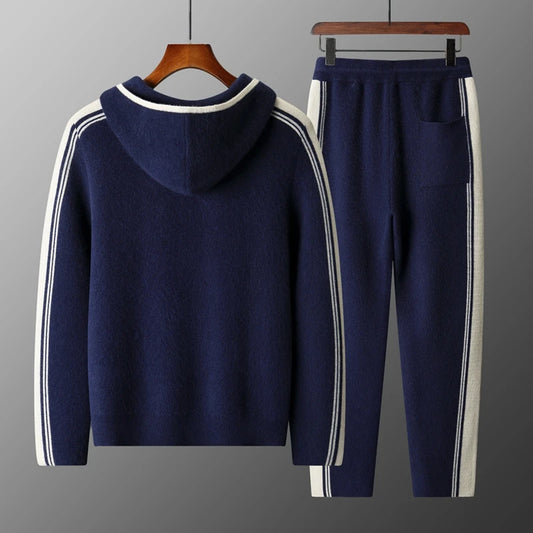 100% wool men's matching set hooded collar zipper cardigan jacket casual knitt pants pocket loose 2-piece set sports suit stripe