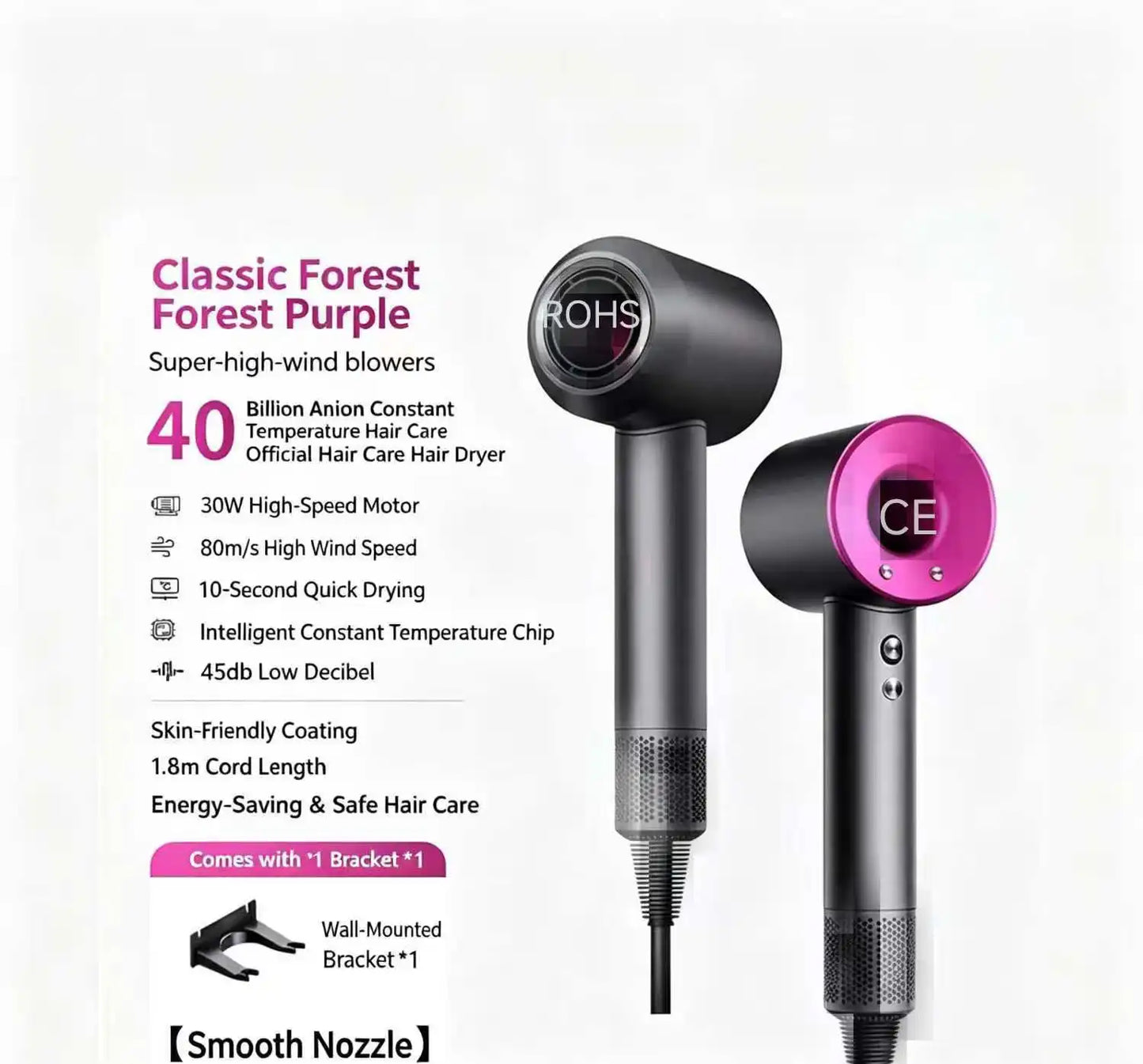 High Speed Hair Dryer 40M Negative Ions Constant Temp Fast Drying Low Noise Professional Salon Blow Dryer with Nozzles