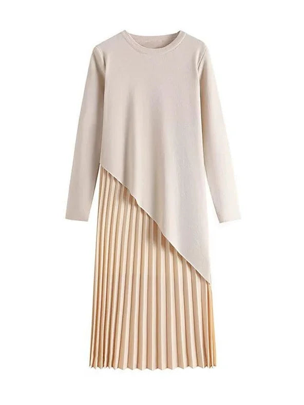 Elegant Long Sleeve Knitted Pleated Dress Autumn New Style plus Size Unique Loose Design Korean Commute Style Women's Dress