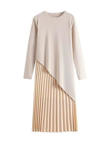 Elegant Long Sleeve Knitted Pleated Dress Autumn New Style plus Size Unique Loose Design Korean Commute Style Women's Dress