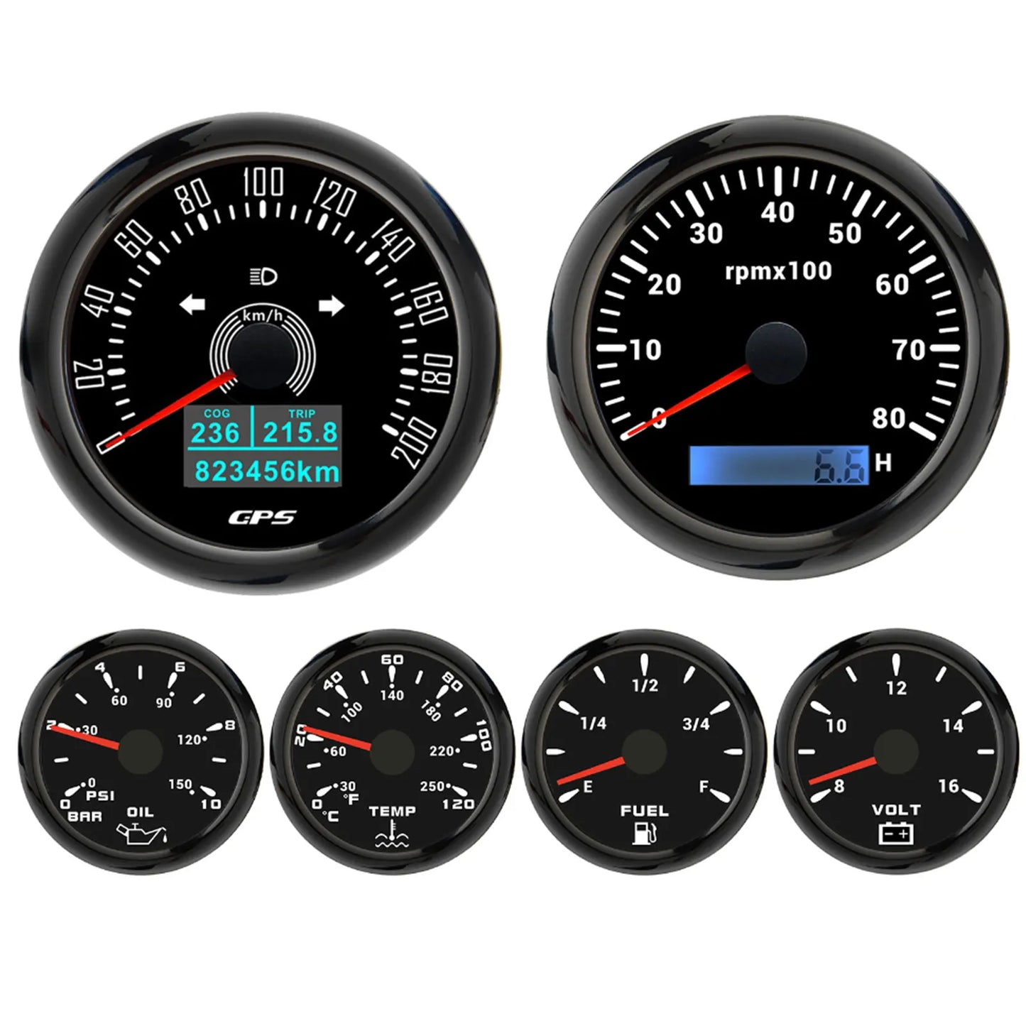 6 Gauge Kit 85mm GPS Speedometer 200KM/H Tachometer 8000RPM Fuel Level Water Temp 0-120℃ Oil Pressure Gauge 12V Voltage Meter