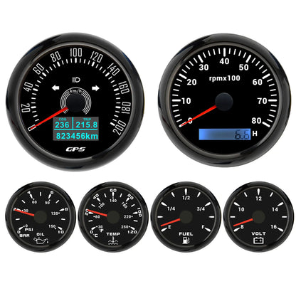 6 Gauge Kit 85mm GPS Speedometer 200KM/H Tachometer 8000RPM Fuel Level Water Temp 0-120℃ Oil Pressure Gauge 12V Voltage Meter