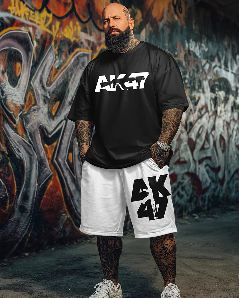9XL Plus Size Men's AK47 Street Print T-Shirt & Shorts 2-Piece Set Soft Breathable Urban Streetwear Outfit