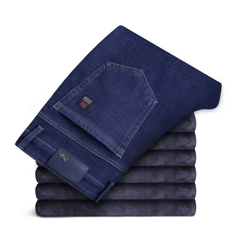 2024 Winter New Men's Fleece Warm Jeans Classic Style Business Casual Thicken Regular Fit Denim Pants Black Blue Brand Trousers