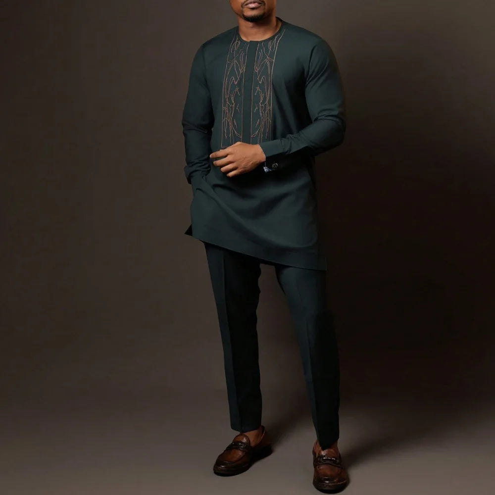 Fashionable Ethnic Embroidered Long Sleeve Long Pants Suit for Men New 2026 Style Summer Season round Neck Single Button Closure
