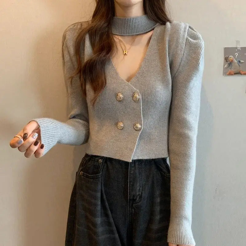 Elegant V-Neck Bubble Sleeve Knitwear Short Top Fashion Trend Neck Hanging Style Girl's French Style Slim Fit Long Sleeve Autumn