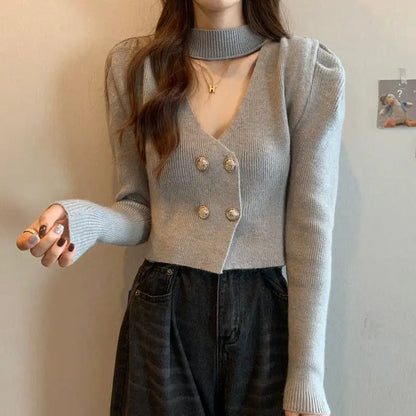 Elegant V-Neck Bubble Sleeve Knitwear Short Top Fashion Trend Neck Hanging Style Girl's French Style Slim Fit Long Sleeve Autumn