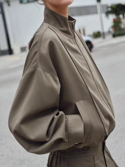 Women's Pilot Jacket Coat High Waist Commute Line Decor Straight Leg Pants Two Piece Set Long Sleeve Stand Collar Jacket