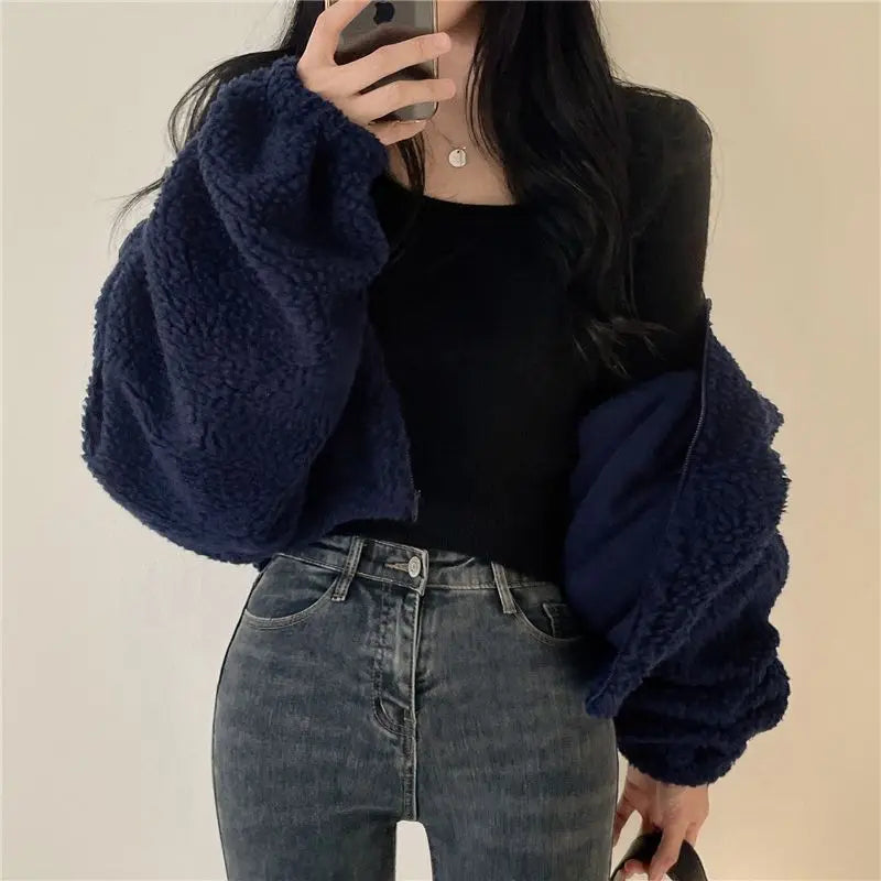 Korean Style Short Zipper Hoodie Women's Loose Fit Lamb Fur Vest Autumn Winter Streetwear Casual Long Sleeve Stand Collar Coat