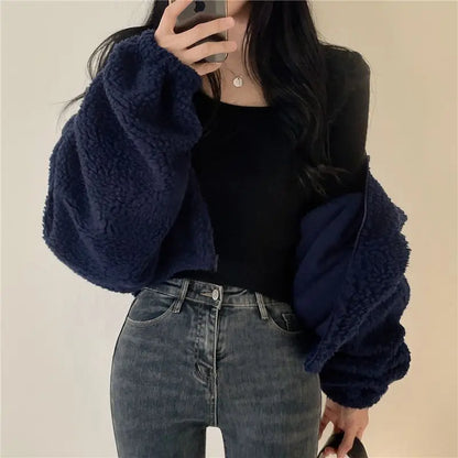 Korean Style Short Zipper Hoodie Women's Loose Fit Lamb Fur Vest Autumn Winter Streetwear Casual Long Sleeve Stand Collar Coat