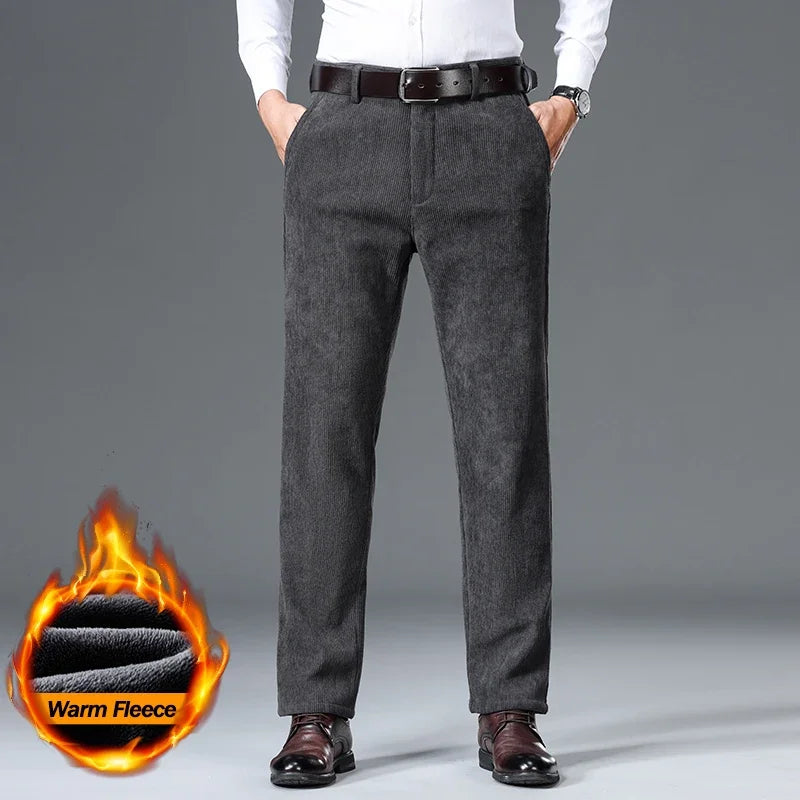 Winter Fleece Warm Corduroy Pants Men's Brown Classic Loose Business Straight Casual Trousers Thicken Warm Plush Velvet Clothes