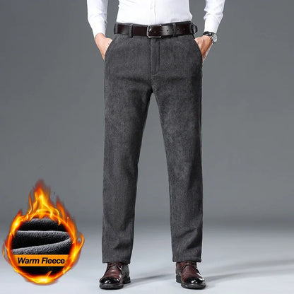 Winter Fleece Warm Corduroy Pants Men's Brown Classic Loose Business Straight Casual Trousers Thicken Warm Plush Velvet Clothes